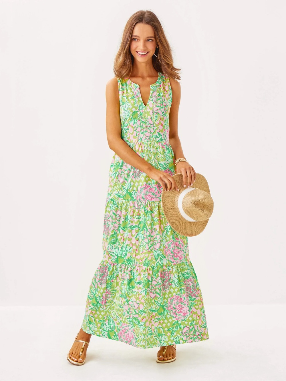 Lilly Pulitzer Green and Pink Floral Sleeveless Maxi Coverup